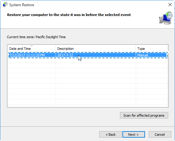 Select a restore point created before the deletion of the driver.