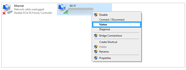 Right-click on the network  Select Status