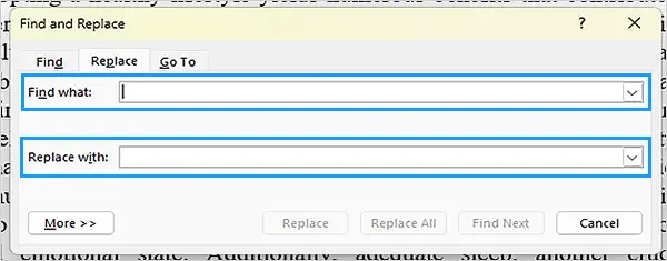 Fill both the Find What and Replace With fields with appropriate words.